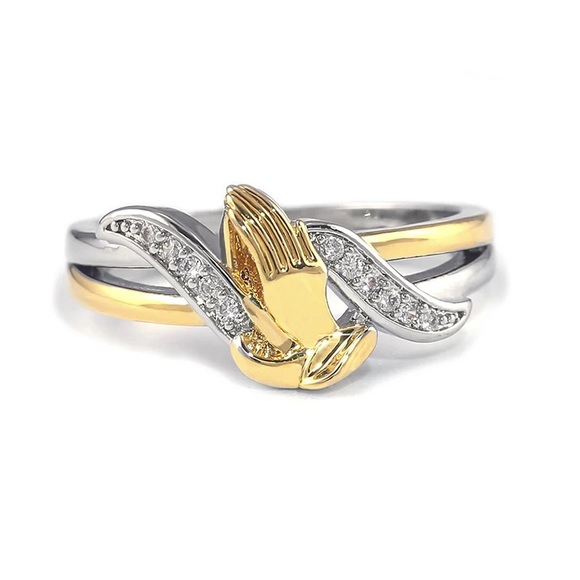 New Two Tone 925 Silver Beautiful Prayer Hands Diamond Ring - Picture 2 of 6